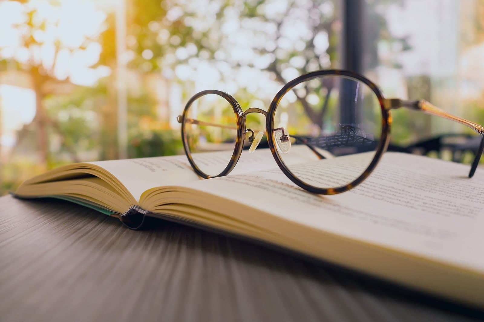 Reading glasses resting on an open book, a garden out of focus behind it.